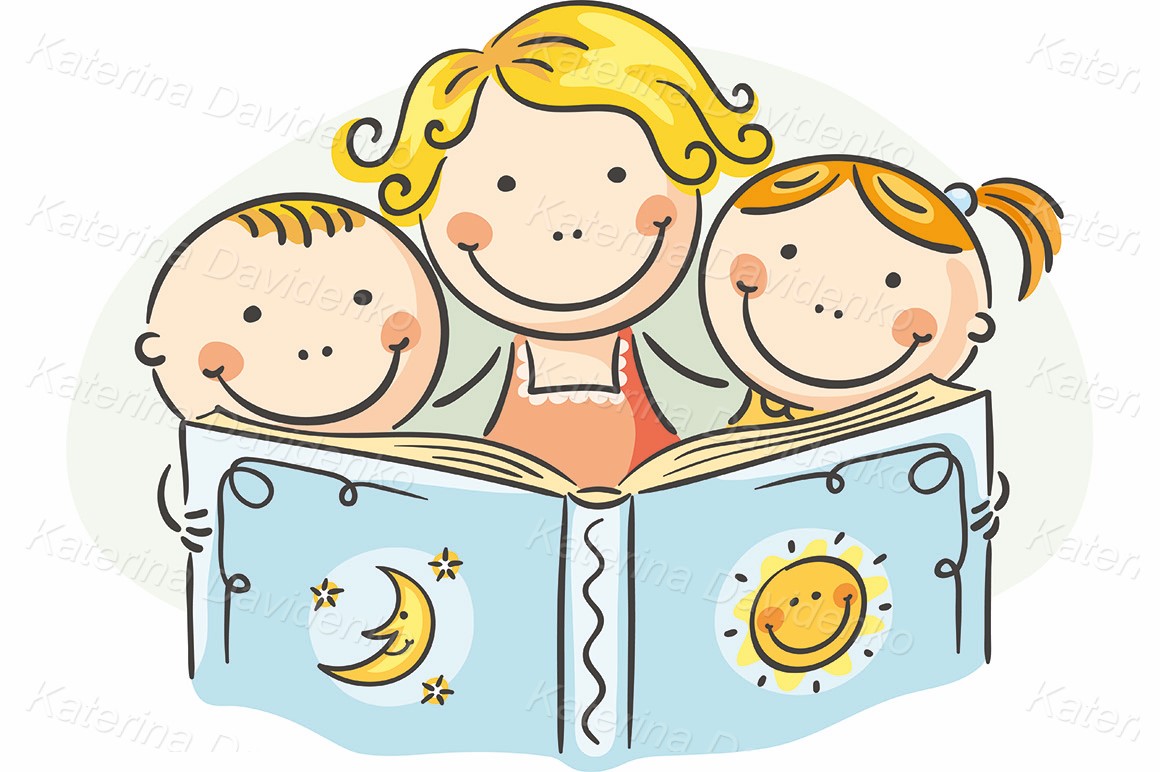 Mother and kids reading together