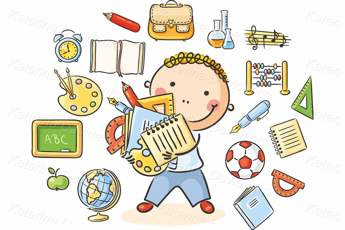 Kid with school things vector clipart