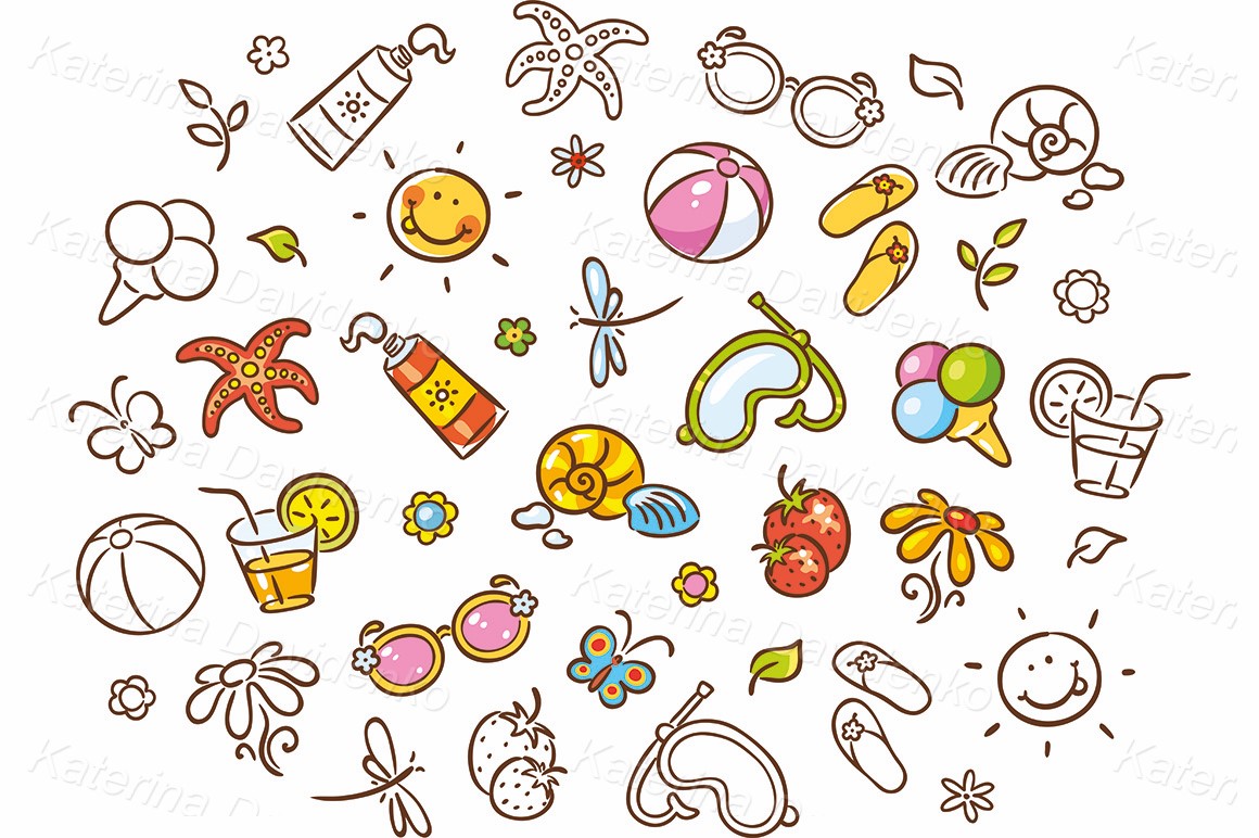 Summer things drawing vector clipart set