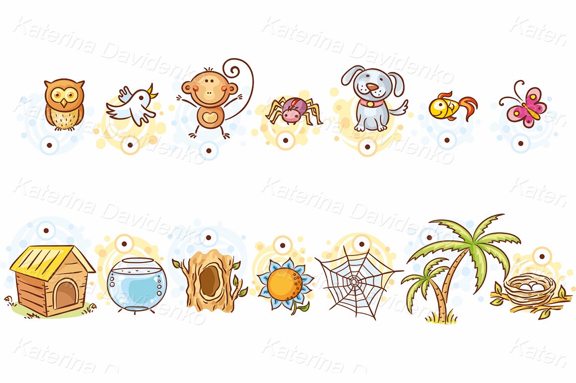 Cartoon animals and their homes, vector clipart
