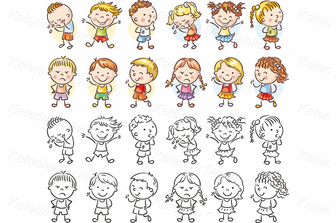 Set of different kids with various emotions, cartoon clipart