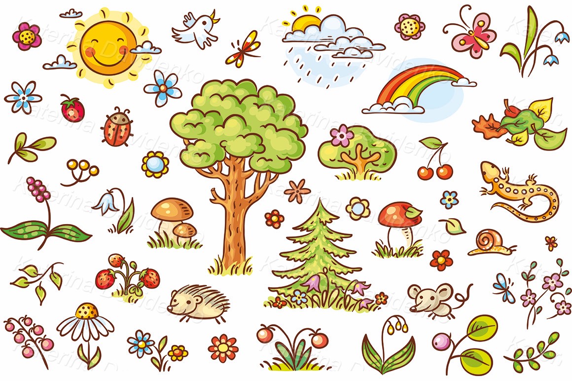 Cartoon nature set with trees, flowers, berries and small forest animals. Vector clipart