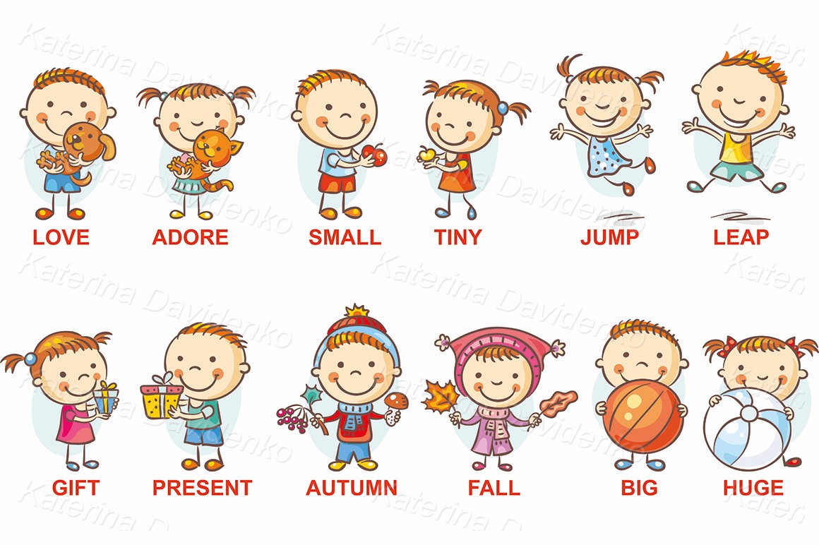 Cartoon child illustrating synonymous adjectives, can be used as a teaching aid for a foreign language learning.