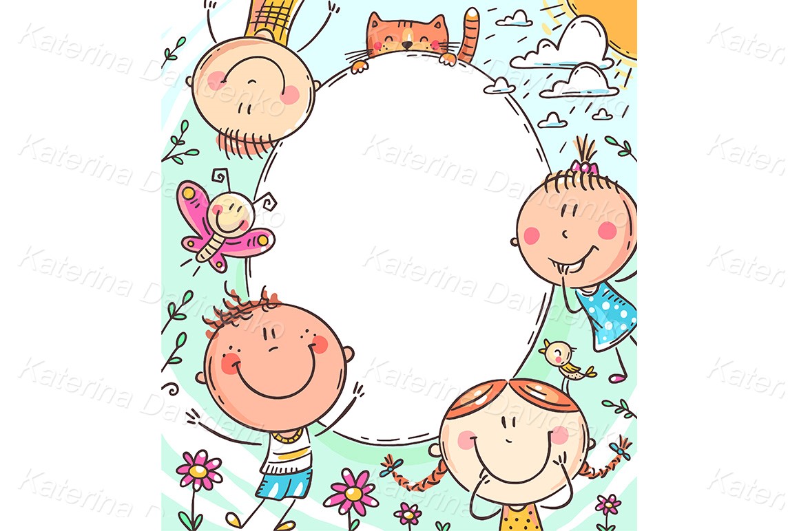 Oval frame with happy doodle kids with a copy space for your design