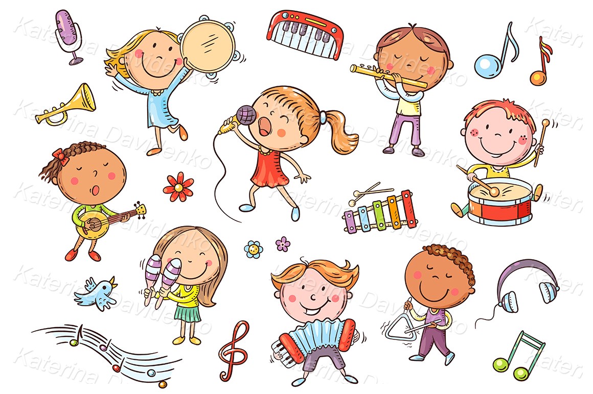Kids with different musical instruments, playing music and singing - jpg png pdf svg eps ai dxf