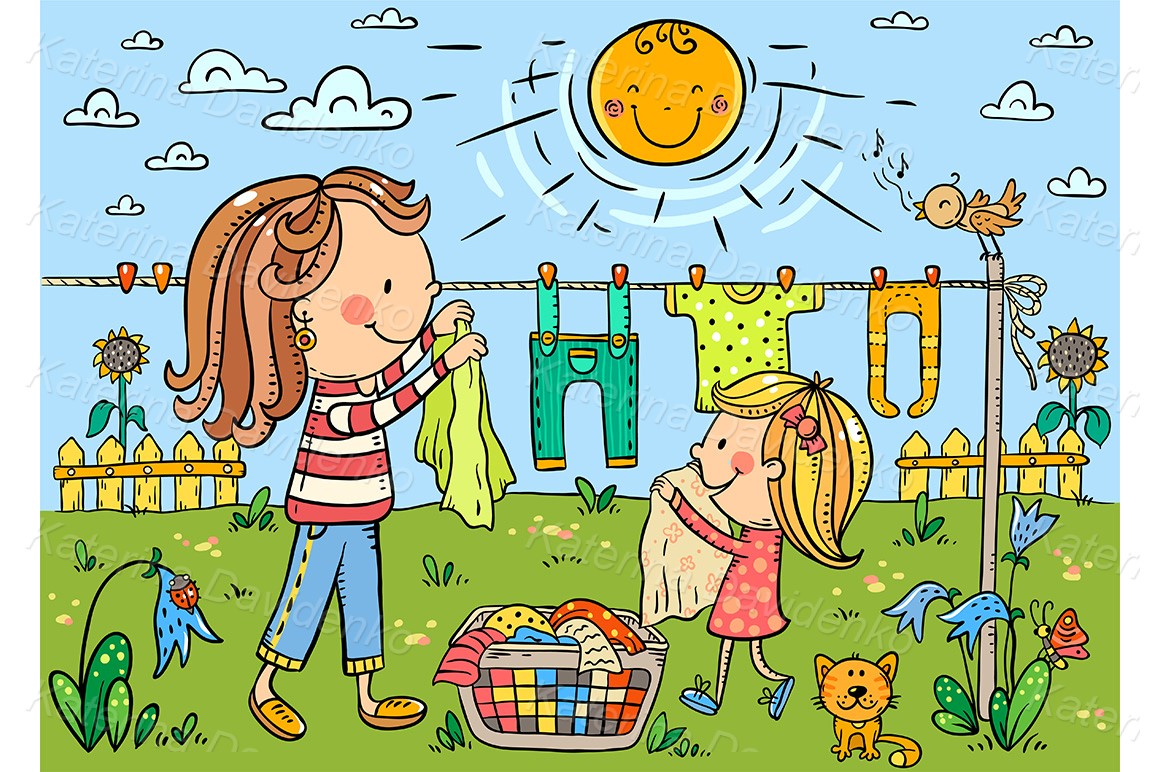 Family life clipart illustration - Girl helping her mother