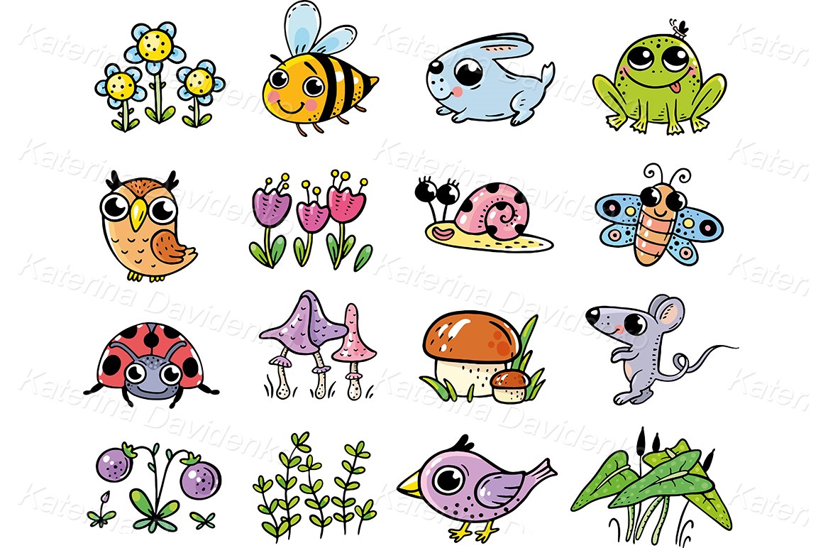 Forest animals and plants - cartoon vector clipart set