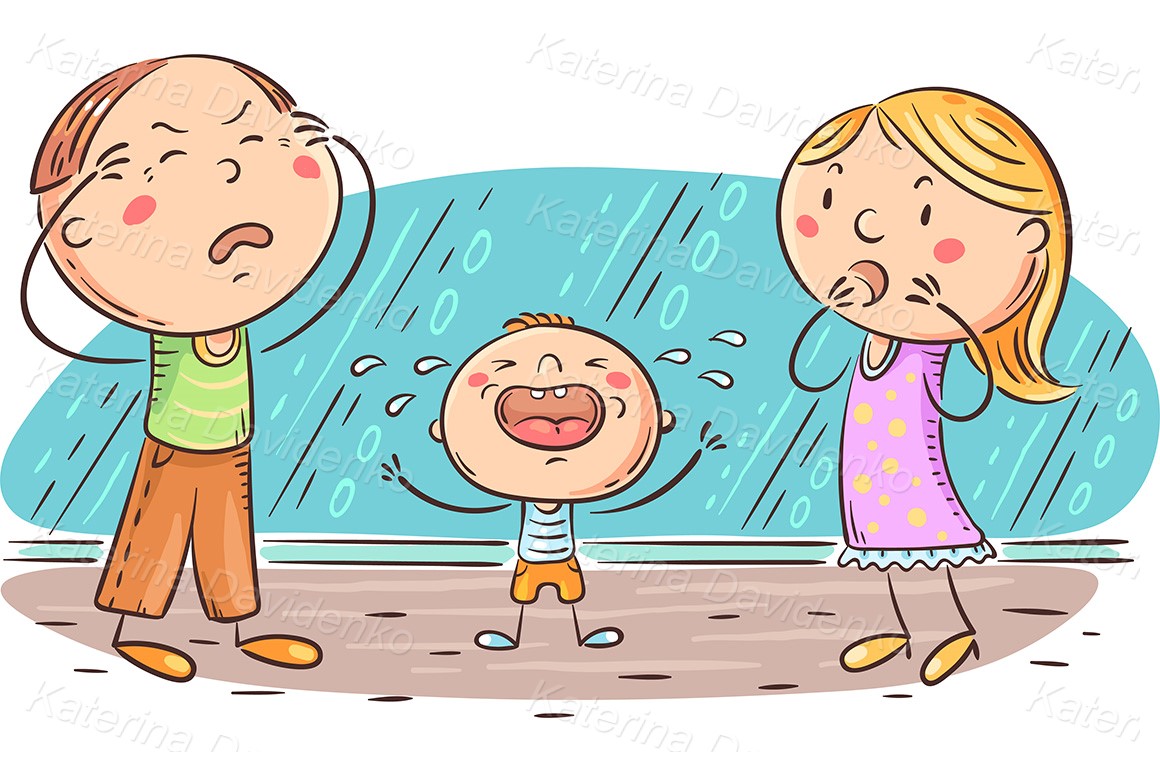 Kid is crying and parents in panic - family clipart illustration