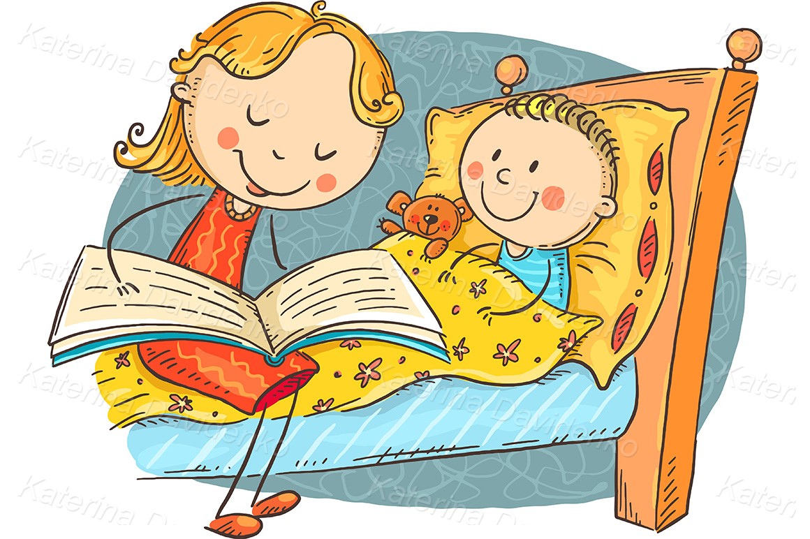 Bedtime story, mother reading to child - cartoon family clipart