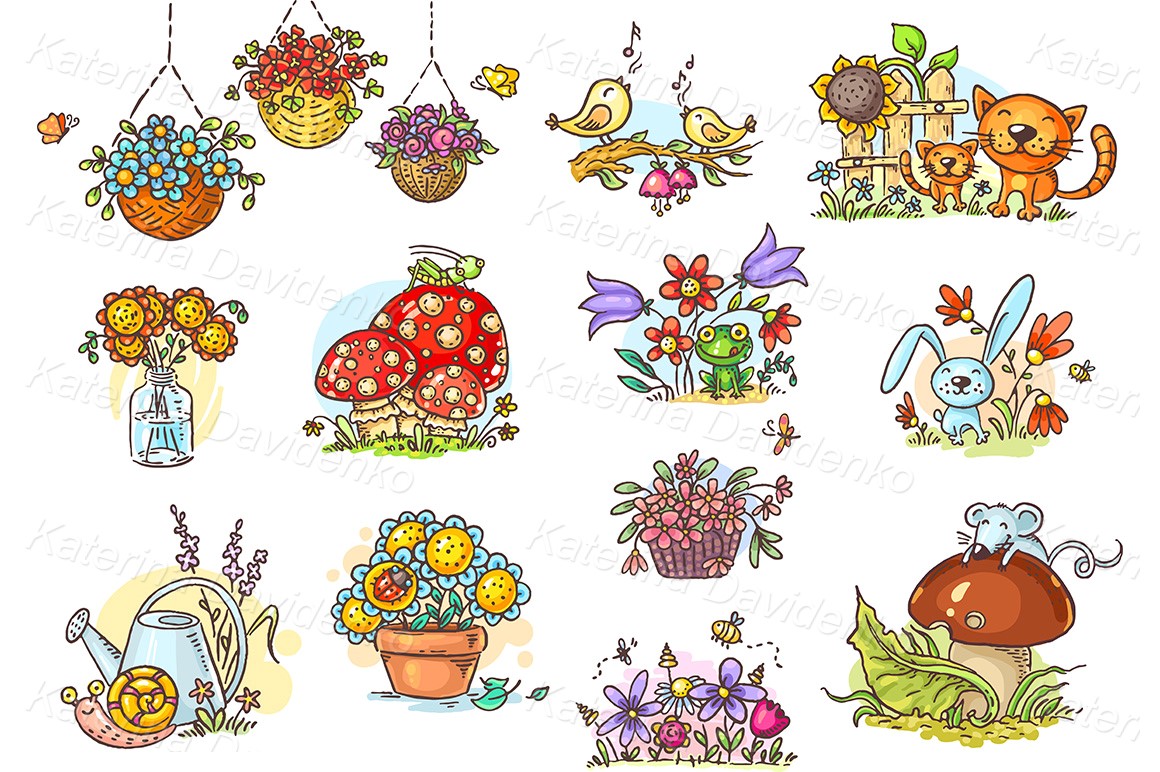 Cartoon animals and flowers