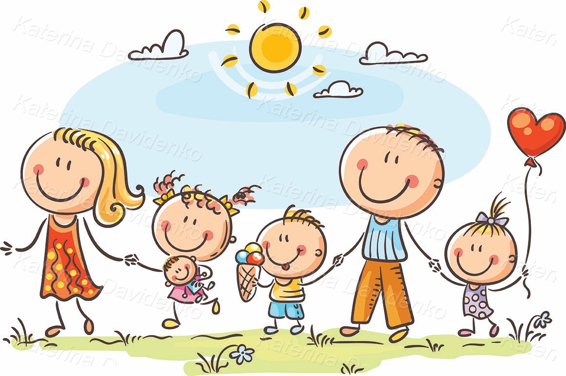 Happy family with three children walking outdoors