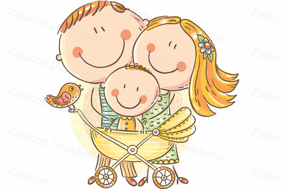 Family with a baby in a baby carriage, clipart