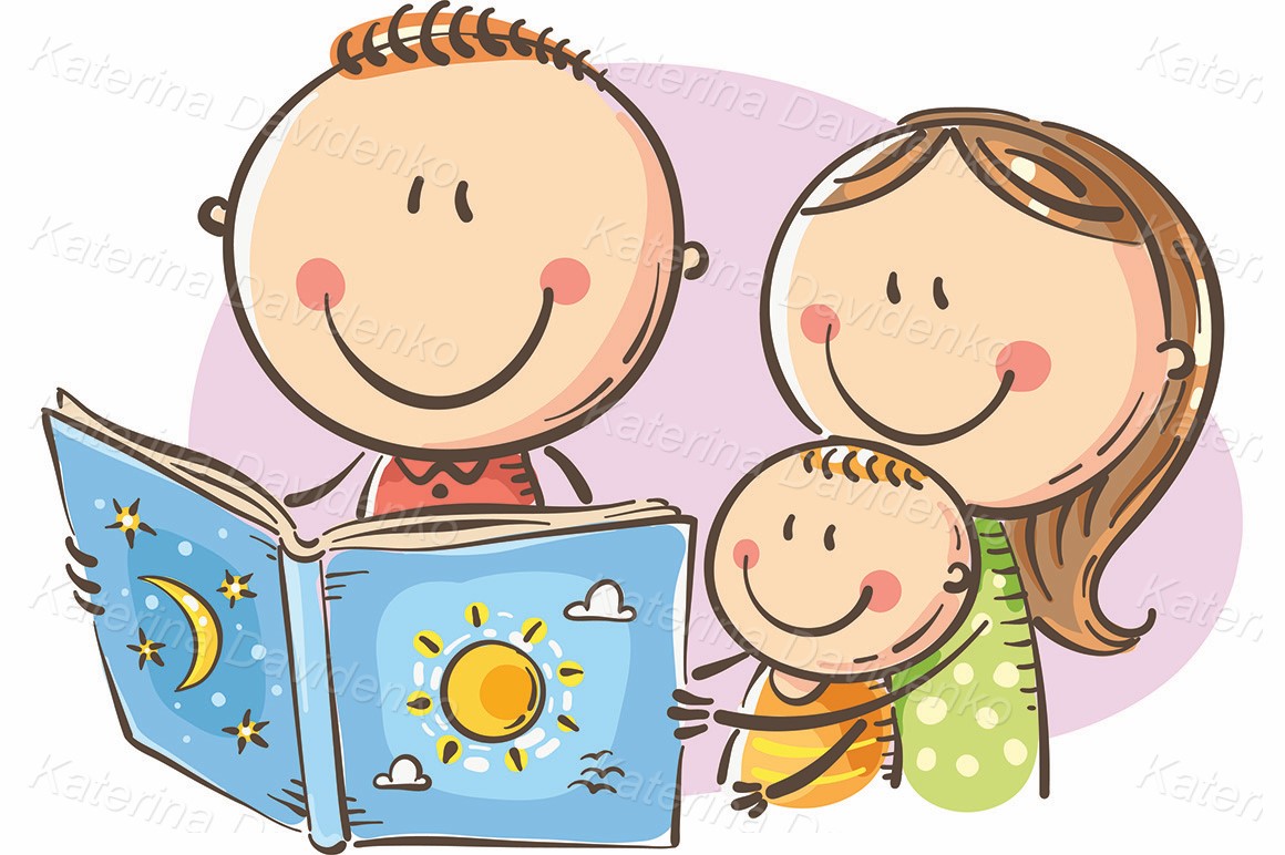 Family reading a book together, clipart illustration