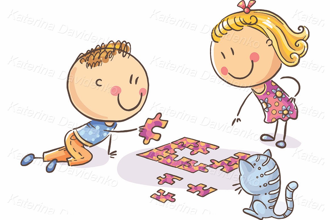 Kids trying to assemble puzzle, vector clipart illustration