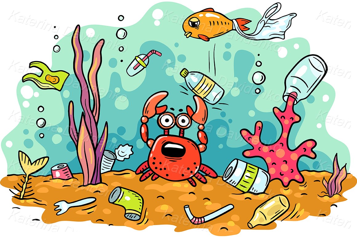 Sea animals suffer from ocean pollution with plastics, ecology and  environment concept