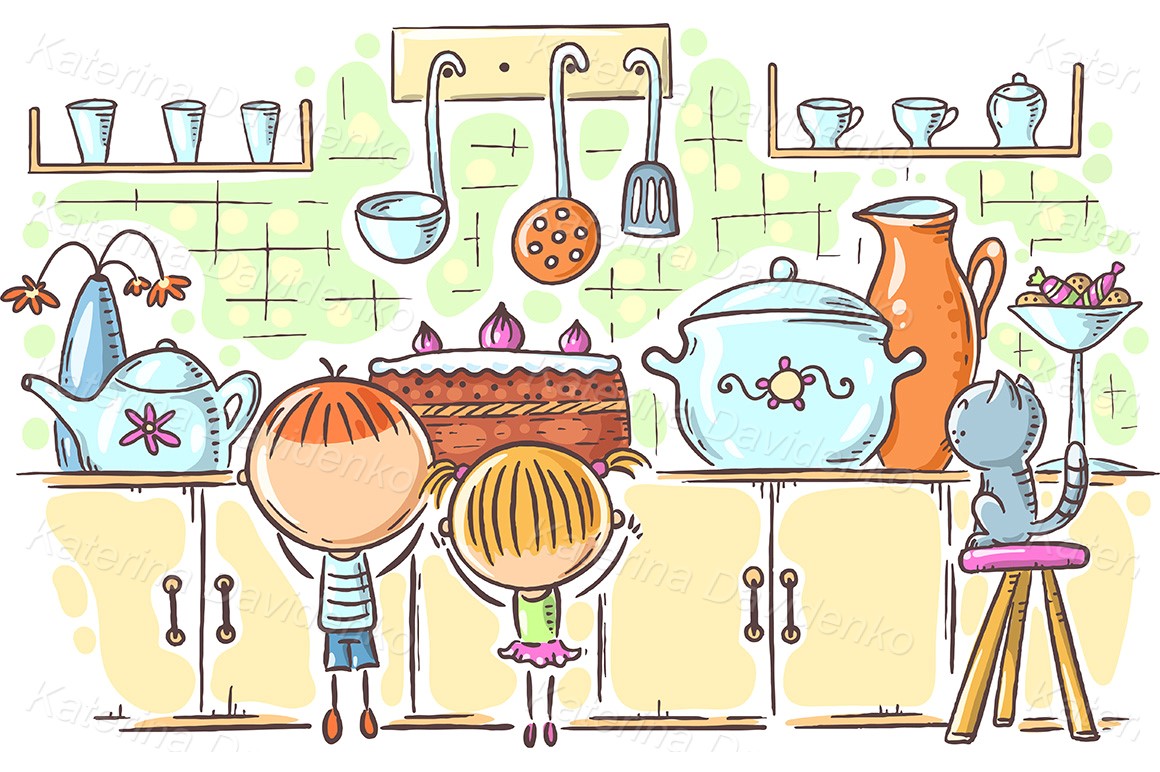 Kids are attracted by the cake in the kitchen
