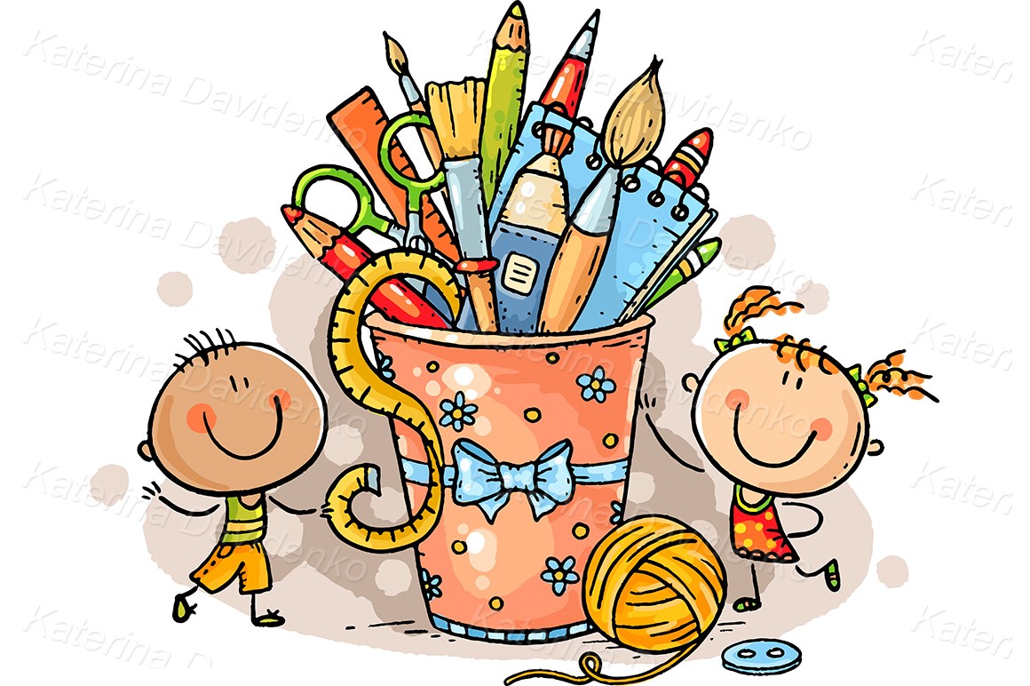 Creative kids with crafting tools, stick figure clipart