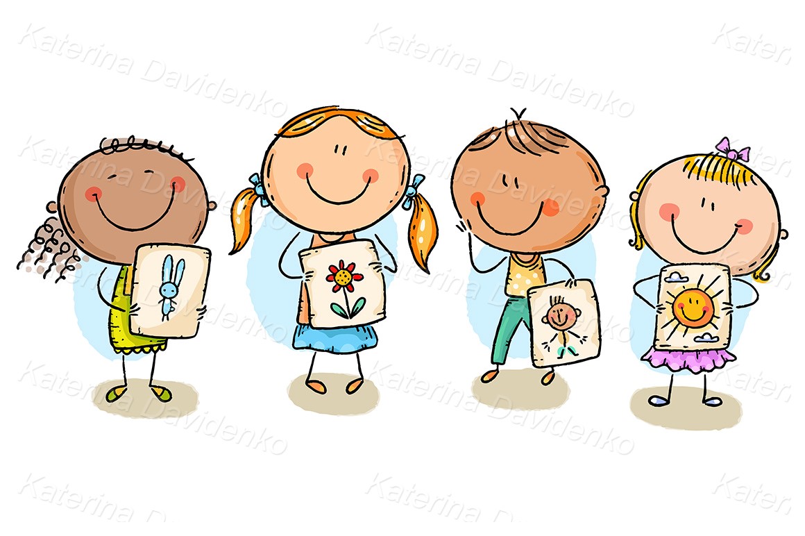 Kids presenting their drawings - stick kids clipart
