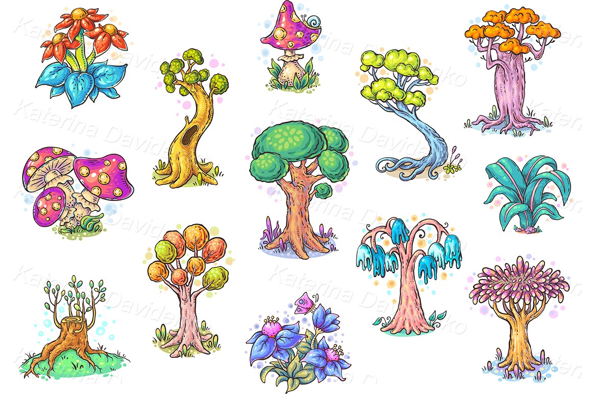 Set of different trees, cartoon clipart