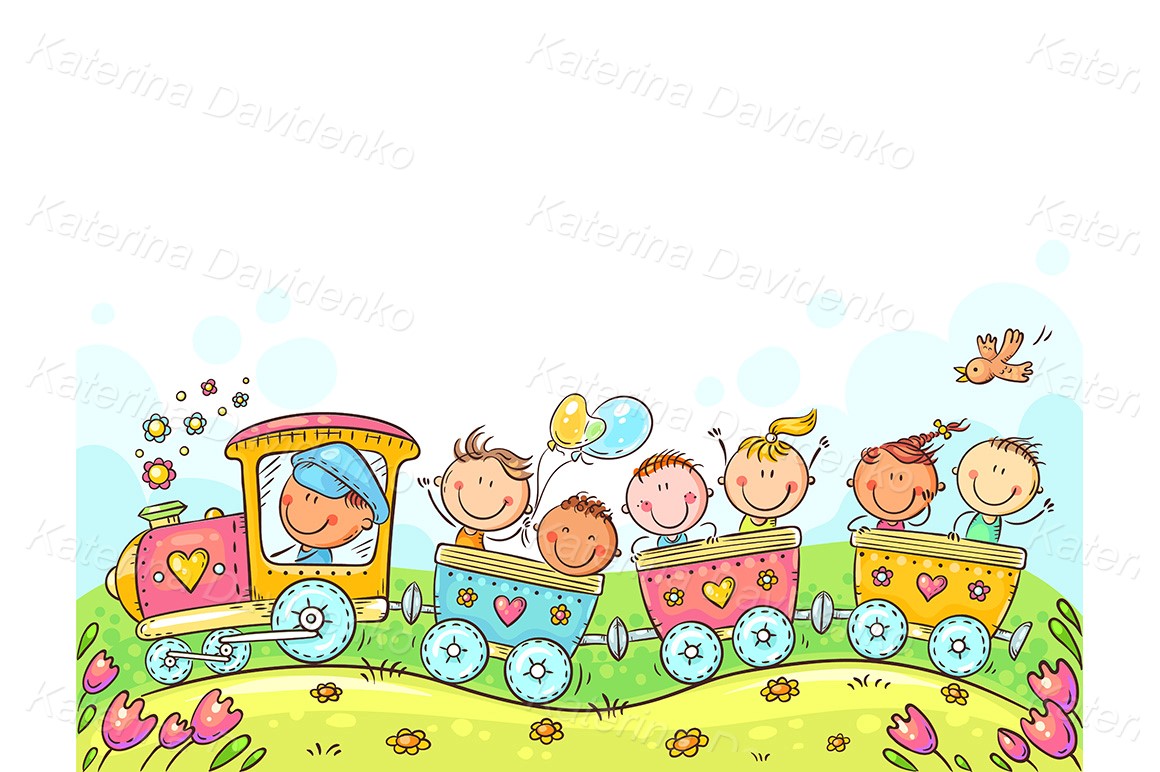 Kids travelling by train, clipart
