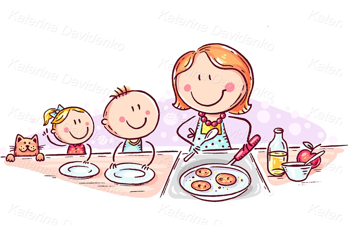 Kids are waiting for pancakes mother is cooking - Family clipart