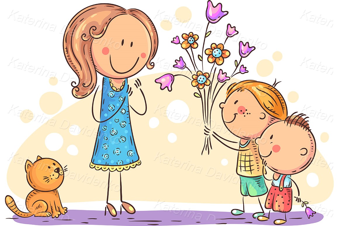 Kids presenting flowers, vector clipart