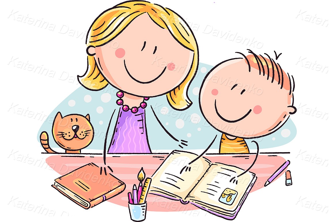 Family clipart - Mother helping her son with the homework