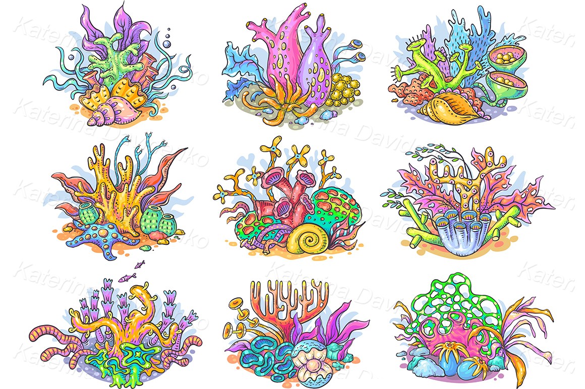 A set of corals, sea and ocean life - vector clipart
