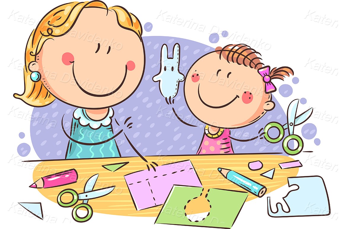 Mother or teacher and a little girl enjoy crafting together