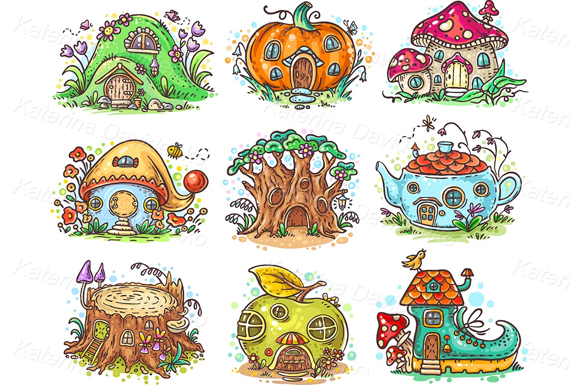 Cute cartoon elven, fairy or gnome houses - clipart