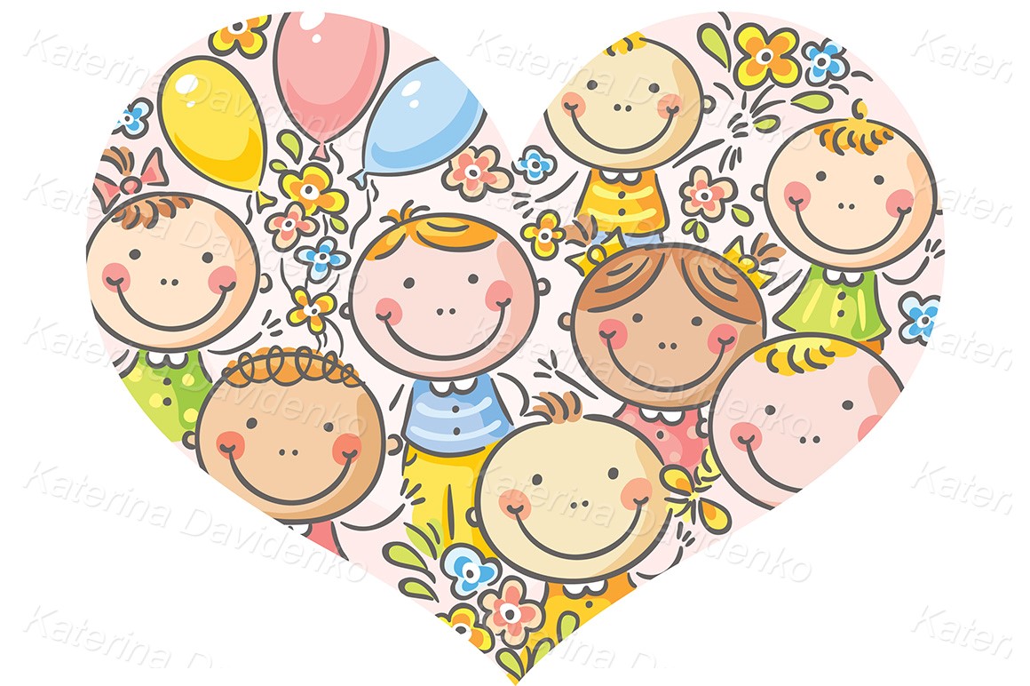 Kids faces in a heart shape - clipart vector illustration