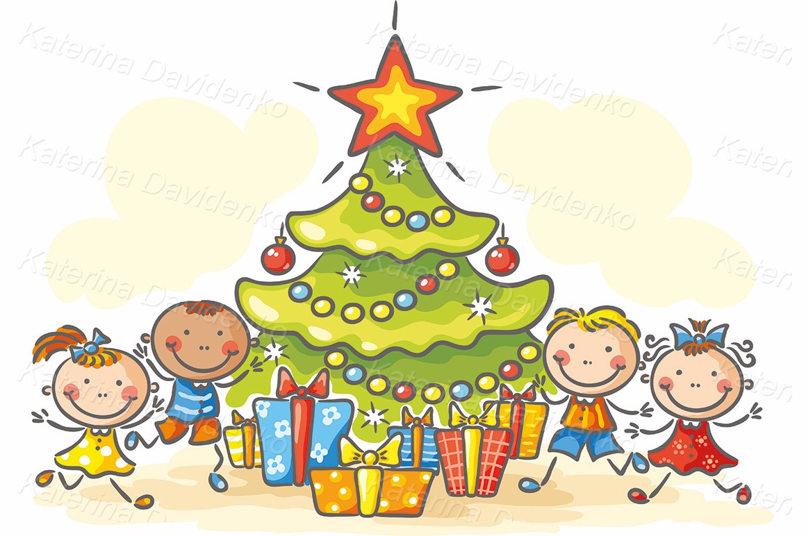 Kids getting presents for Christmas - clipart for downloading