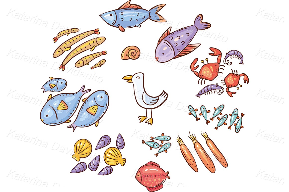 Set of cartoon doodle seafood or ocean animals