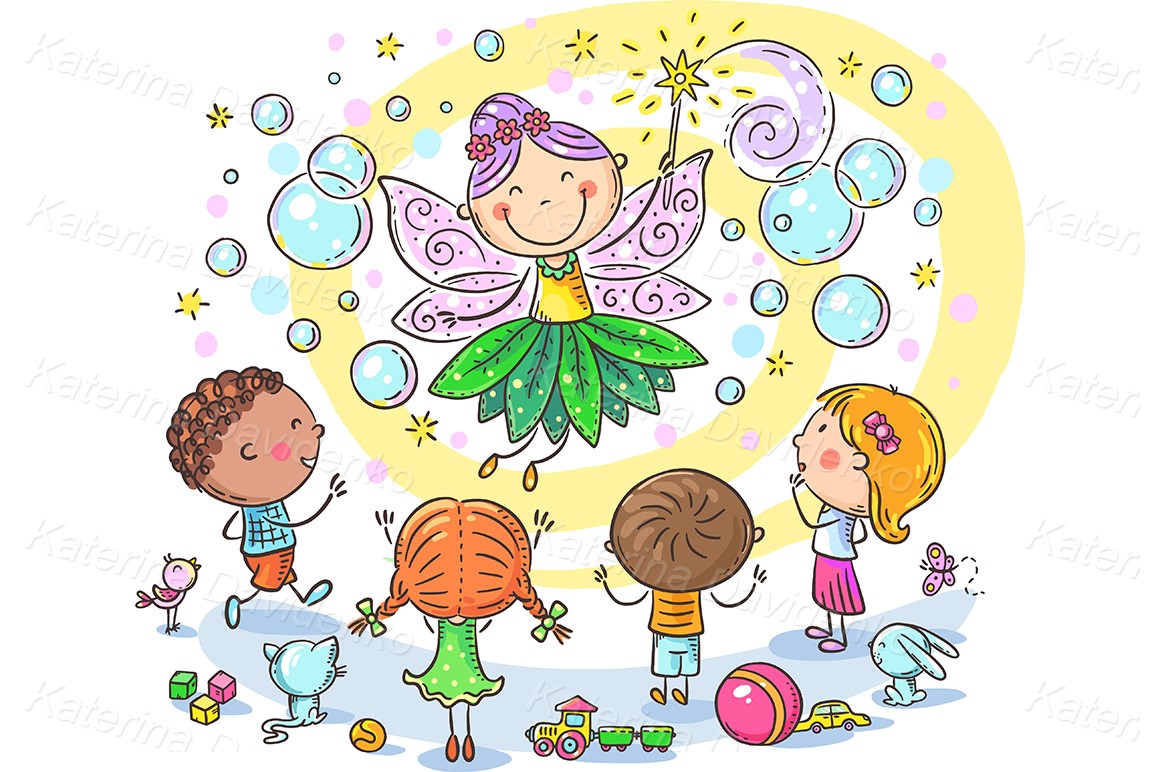 Fairy at the kids birthday party, clipart illustration