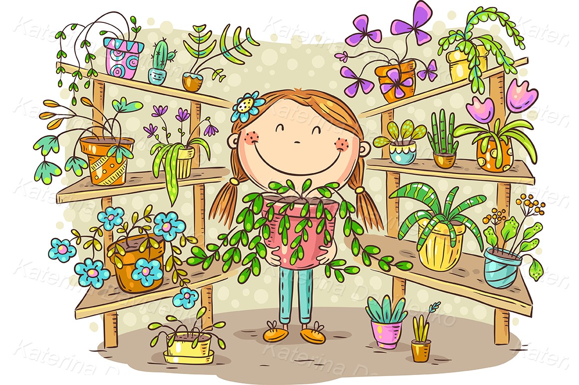 Girl in the greenhouse with her plant collection