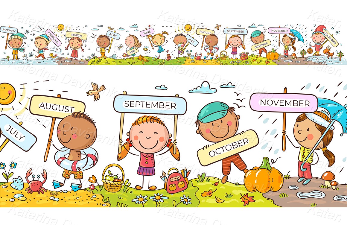 Children with months signs and changing weather and seasons