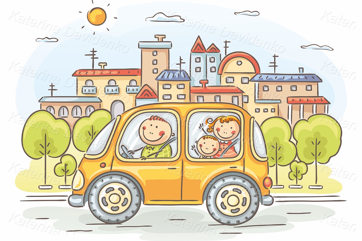 Family travelling by car in the city