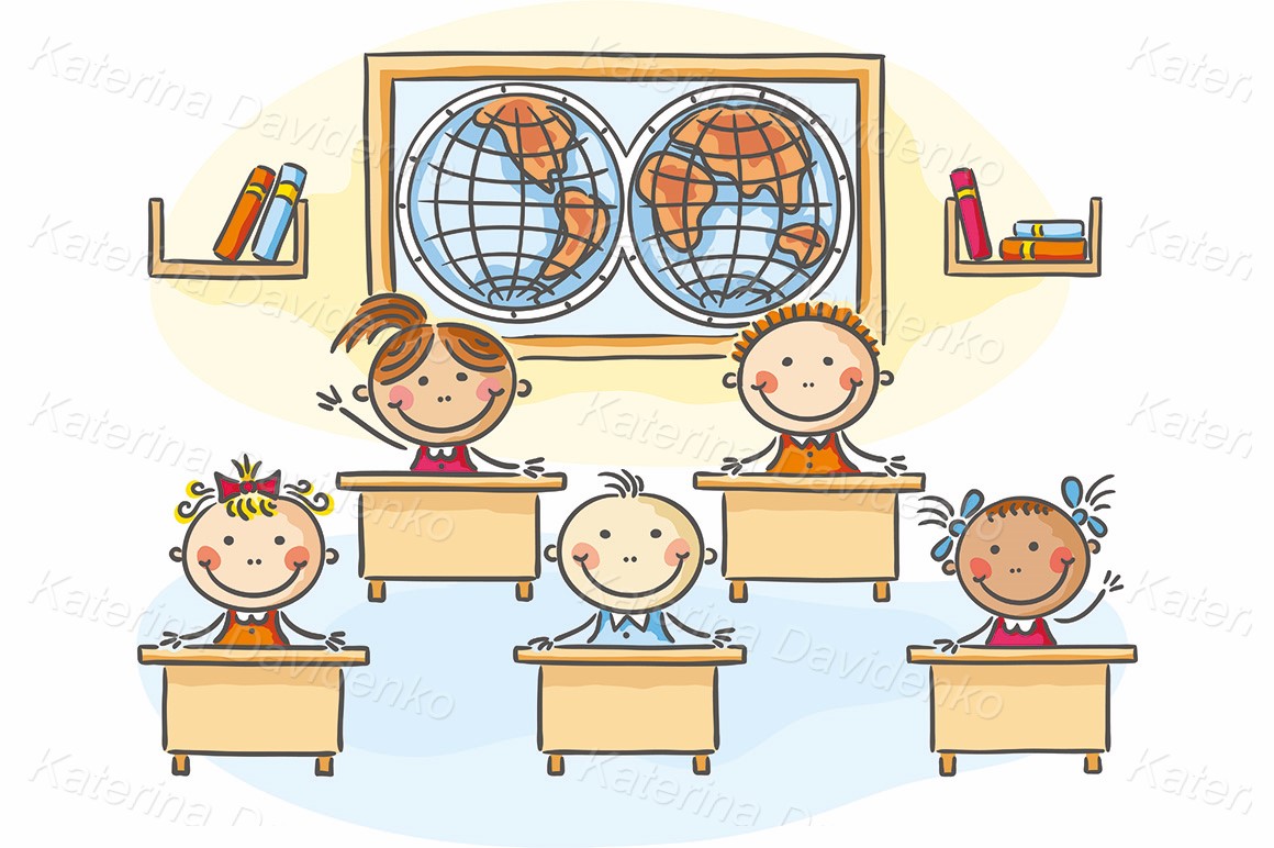 Kids in the classroom at the lesson - stick figure vector clipart