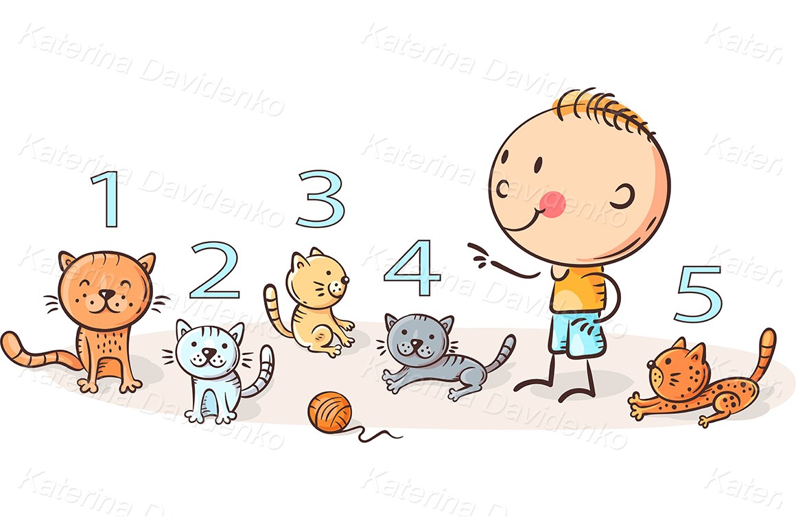 Child counting cats and learning numbers - kid clipart