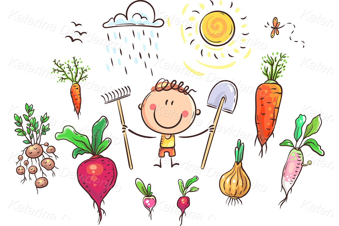 Happy farmer has grown a lot of vegetables - vector clipart set