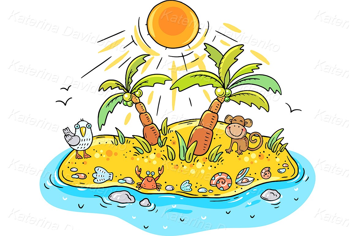 Cartoon tropical island with palms and animals - vector clipart illustration for downloading