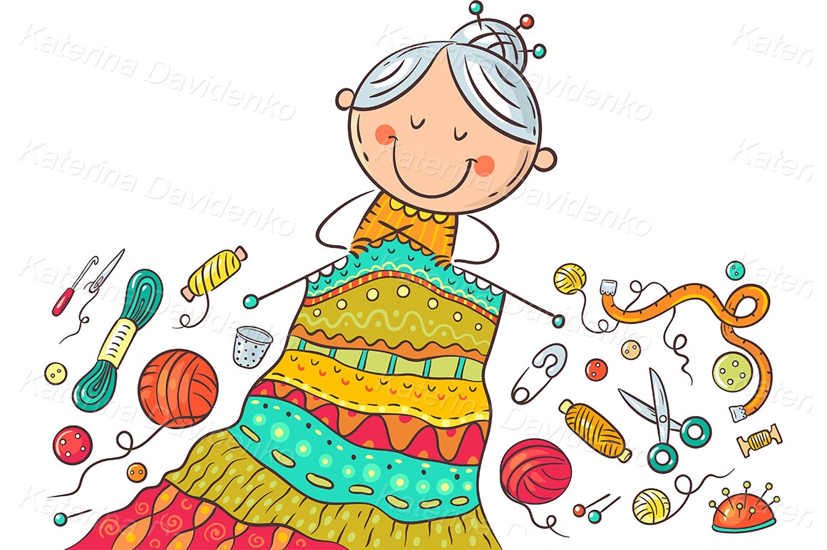 Granny knitting, vector clipart illustration - commercial use