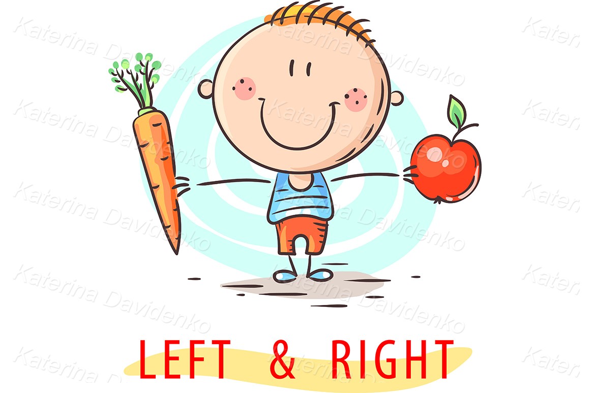 Stick figure - vector illustration - Kid learning left and right holding different objects