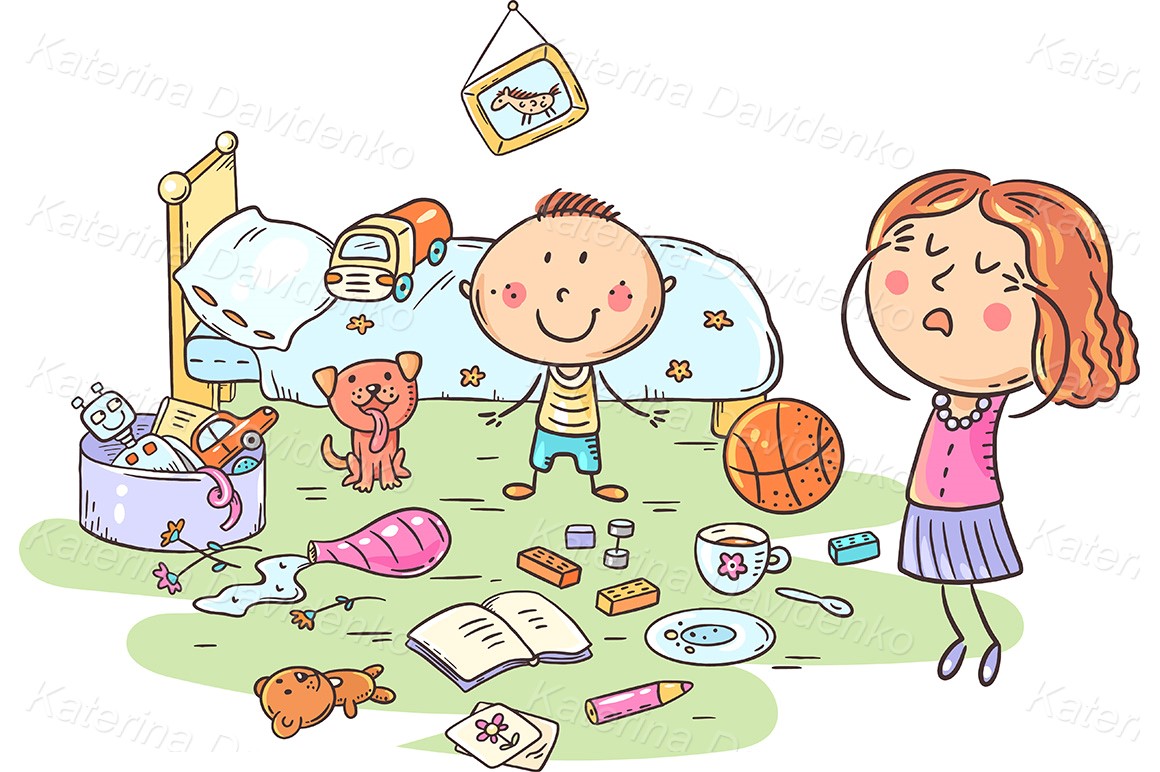 Family clipart - Pillow fight of kids in the bedroom with a tired mother
