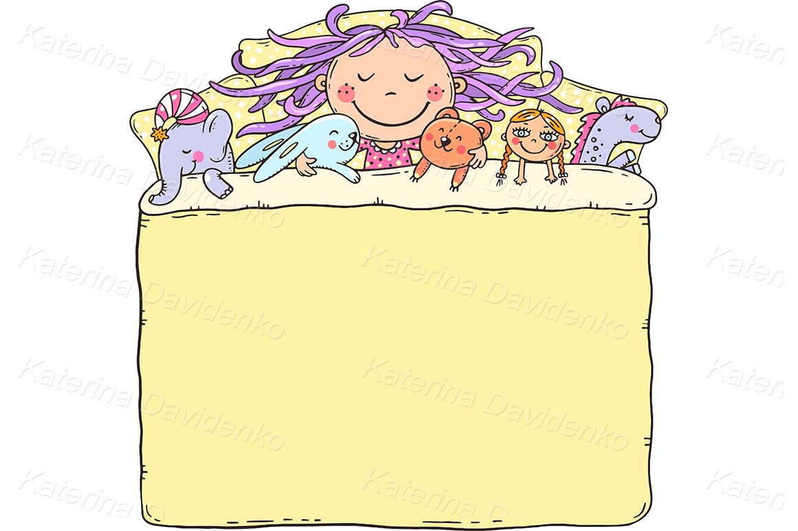 Little girl sleeping with her toys, kid vector clipart