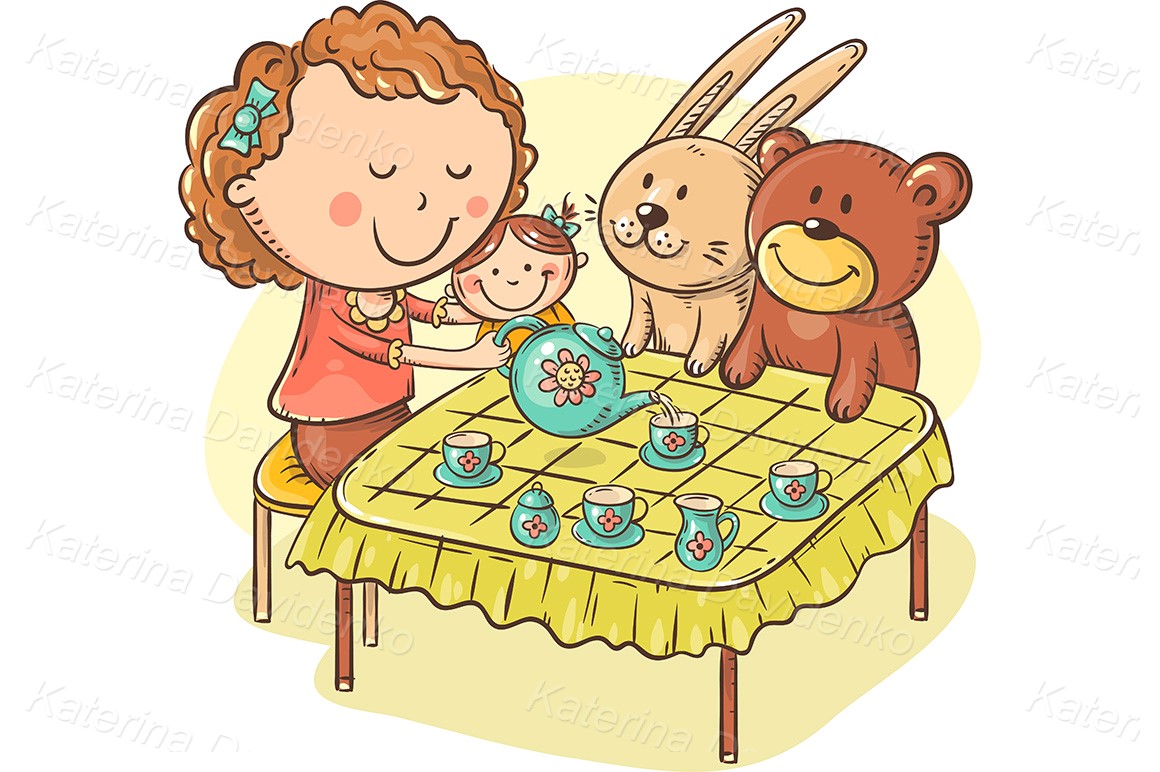 Girl is playing with her toys making tea party at the table with small cups and a teapot
