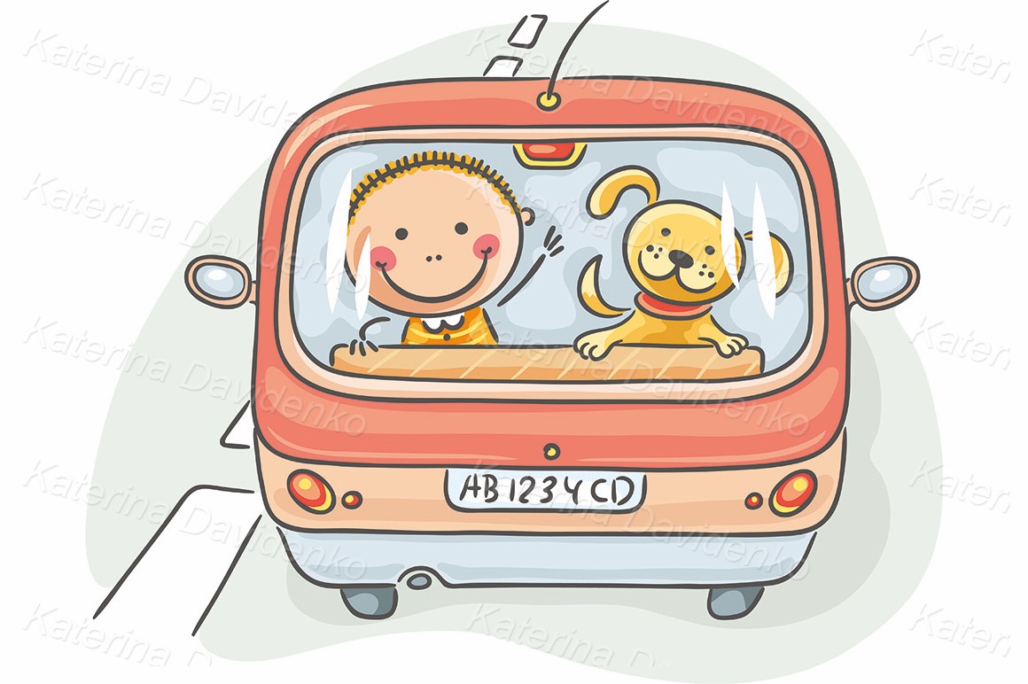 Child and dog in the car. Vector clipart for commercial use