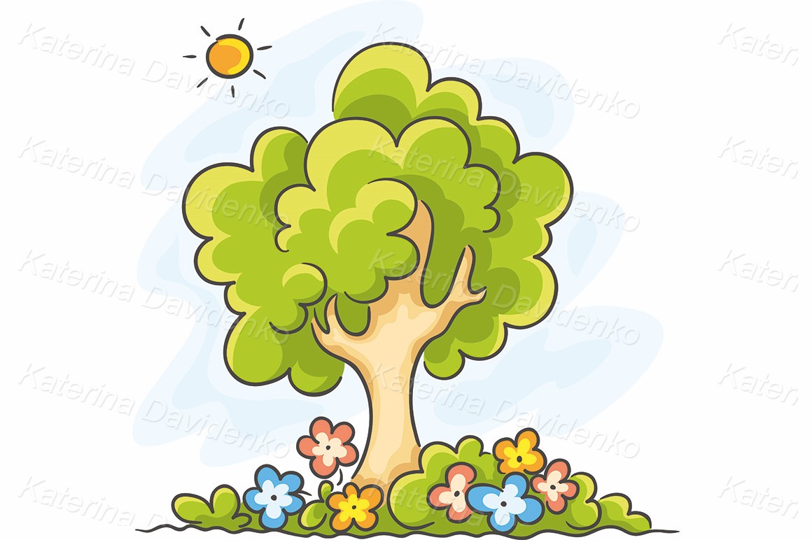 Cartoon tree and flowers