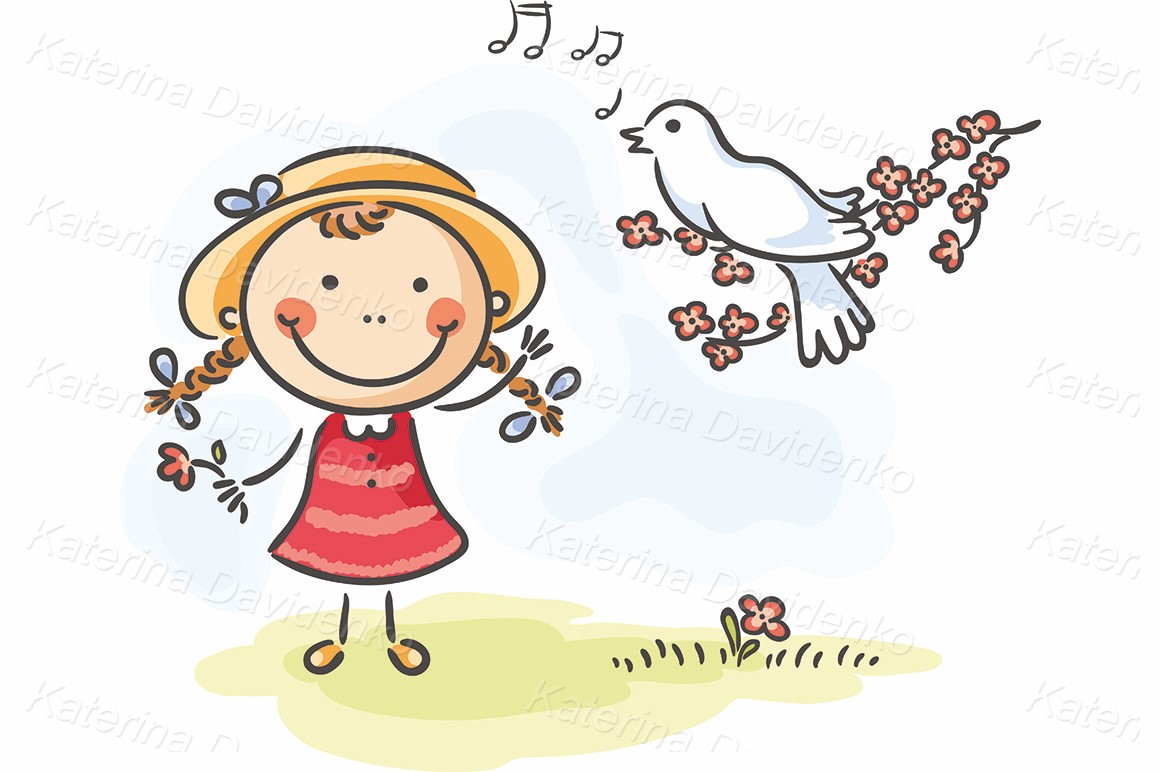 Cartoon girl and bird