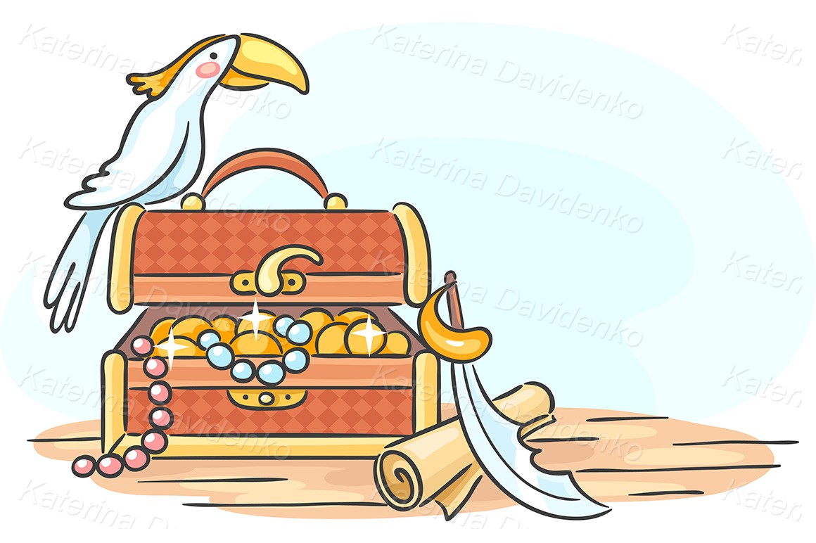 Treasure chest and a parrot, vector clipart